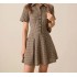 Women’s Brown Plaid Lapel Pleated Mini Dress